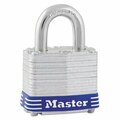 Master Lock Master, Four-Pin Tumbler Lock, Laminated Steel Body, 1 9/16in Wide, Silver/blue, Two Keys 3D